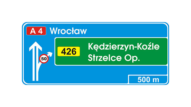 Znak E1a. Tablica przeddrogowskazowa na autostradzie