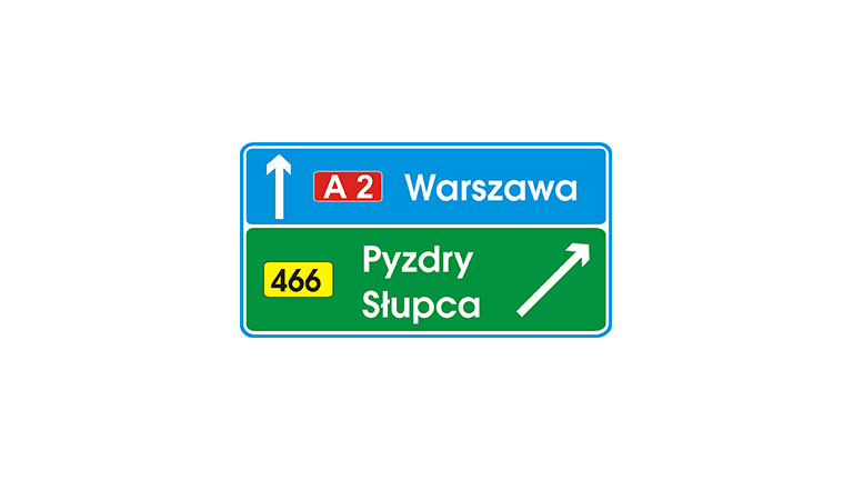 Znak E-2c. Drogowskaz tablicowy umieszczany obok jezdni na autostradzie