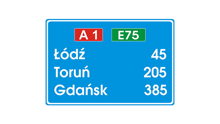 Znak E-14a. Tablica szlaku drogowego na autostradzie